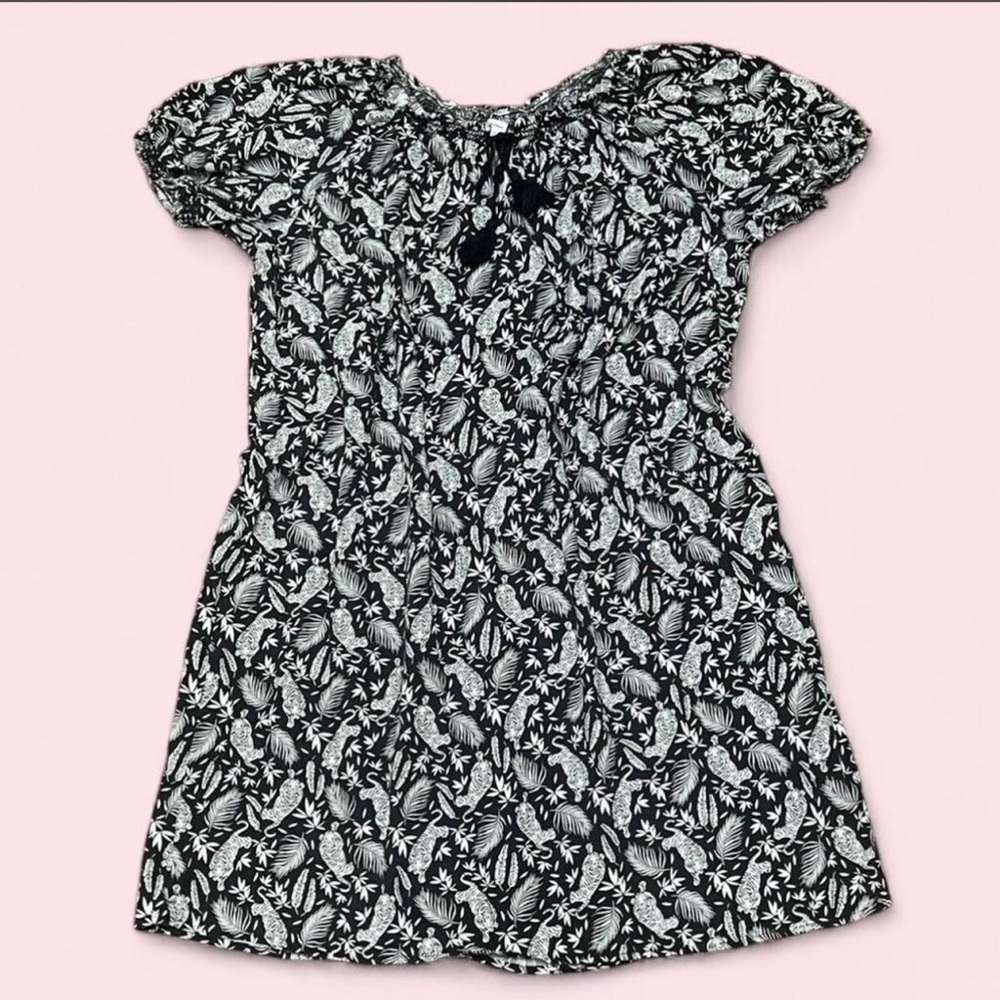 Old Navy Tiger Leaf Print Tassel Tie Shift Dress XL Black White Boho
